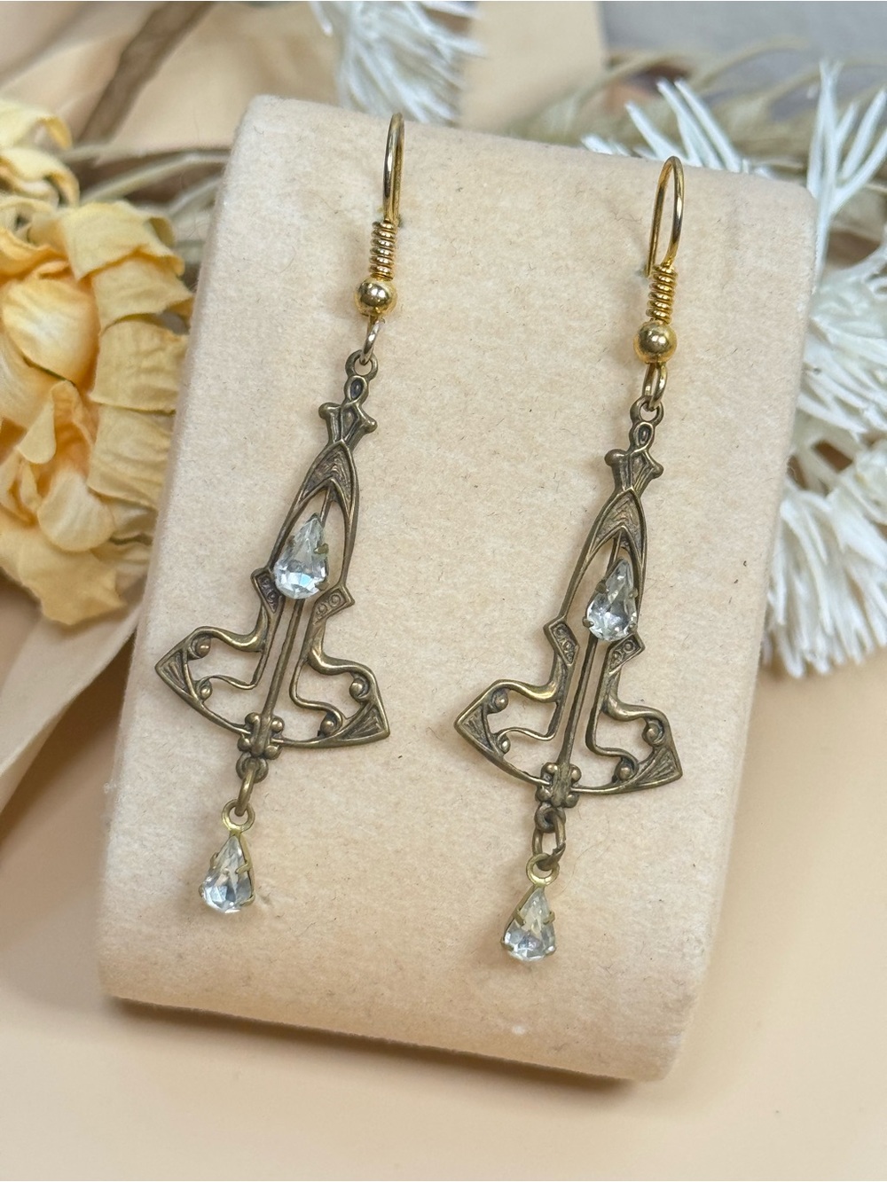 Vintage Art Nouveau Style Brass Tone Crystal Dangle Drop Earrings